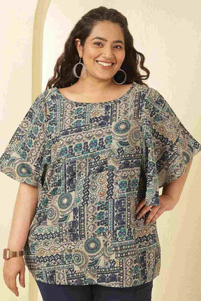 Plus Size Blue Ethnic Print Flared Sleeve Rayon Muslin Top