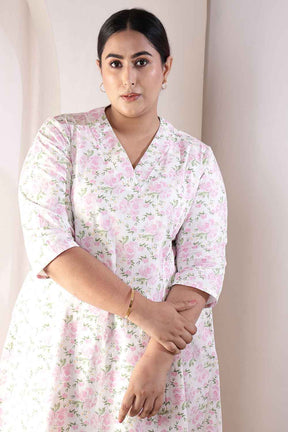 Plus Size Pink Floral Cotton Midi Dress
