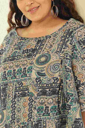 Plus Size Blue Ethnic Print Flared Sleeve Rayon Muslin Top