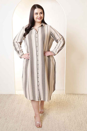 Plus Size Beige & Grey Striped Cotton Shirt Dress
