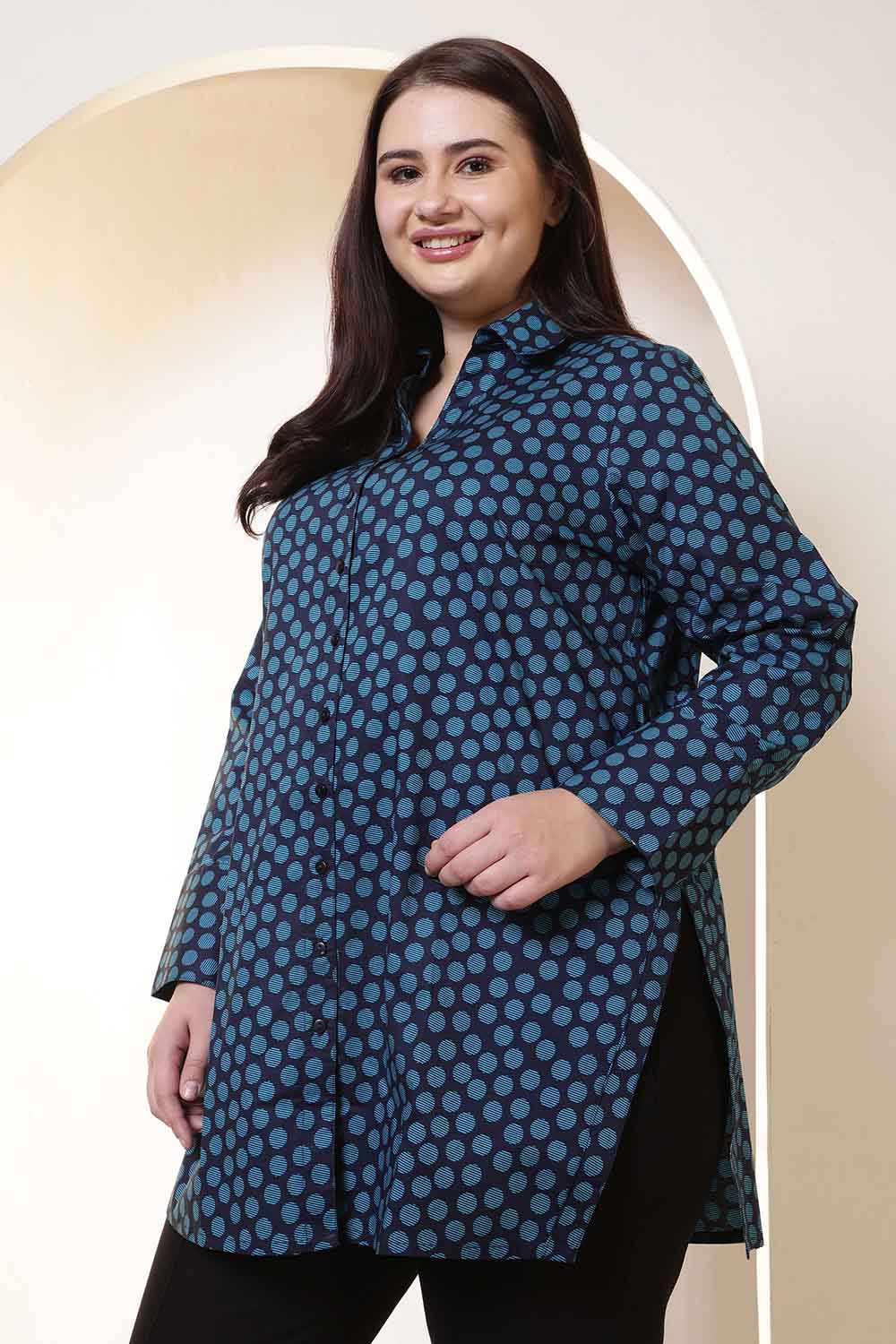 Comfortable Plus Size Navy & Teal Polka Print High Slit Styled Cuff Cotton Shirt