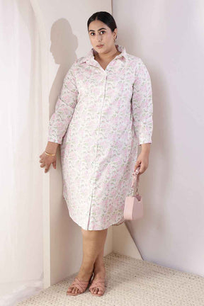 Plus Size Pink Floral Cotton Shirt Dress