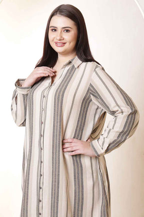 Plus Size Beige & Grey Striped Cotton Shirt Dress