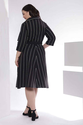 Plus Size Black Vertical Stripe Cotton Shirt Dress