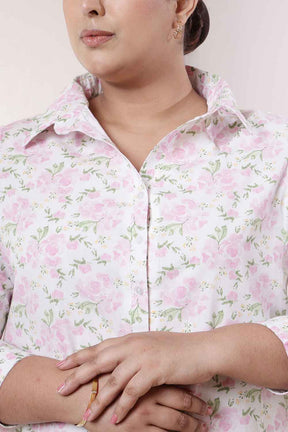 Plus Size Pink Floral Cotton Shirt Dress