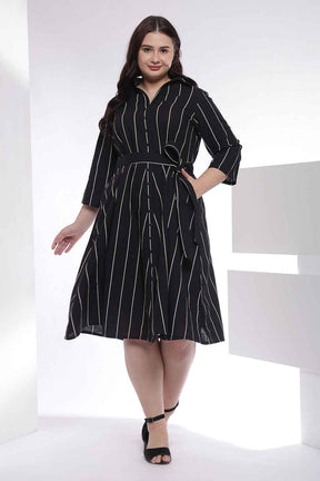 Plus Size Black Vertical Stripe Cotton Shirt Dress