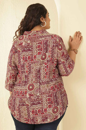Plus Size Maroon Ethnic Print Cuban Collar Rayon Muslin Shirt