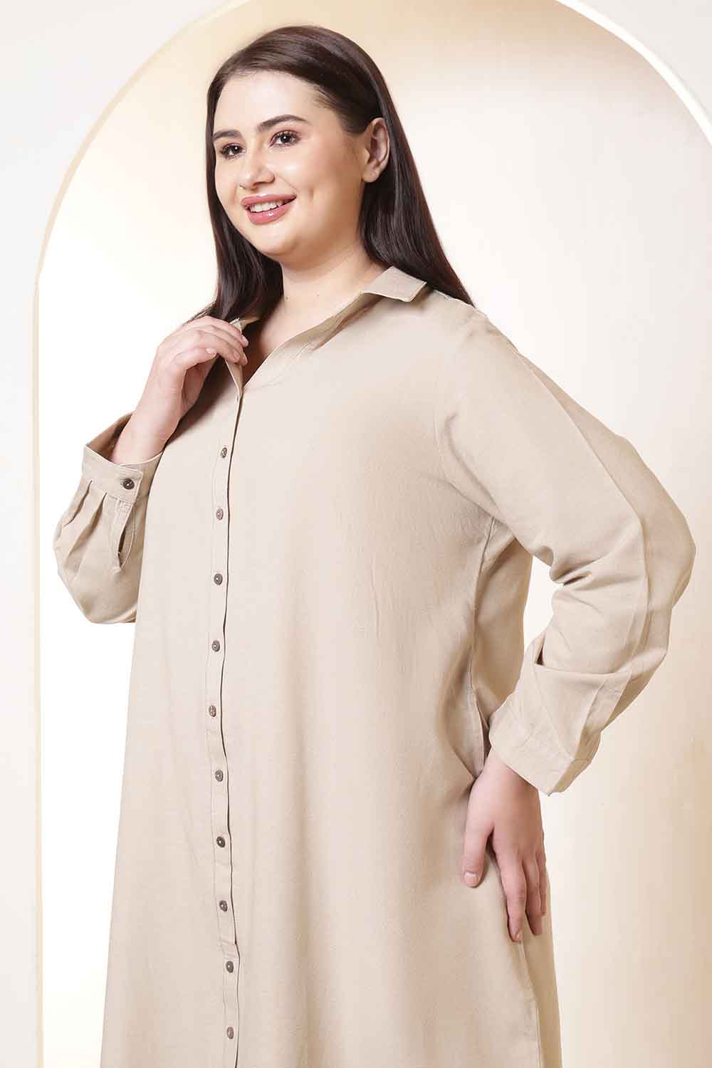 Plus Size Beige Cotton Linen Shirt Dress
