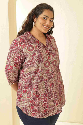 Plus Size Maroon Ethnic Print Cuban Collar Rayon Muslin Shirt