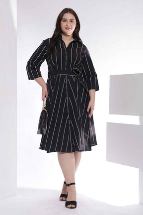 Plus Size Black Vertical Stripe Cotton Shirt Dress