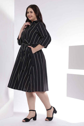 Plus Size Black Vertical Stripe Cotton Shirt Dress