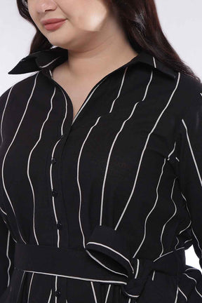 Plus Size Black Vertical Stripe Cotton Shirt Dress
