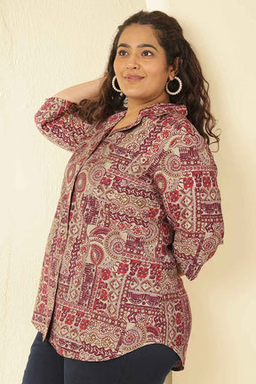 Plus Size Maroon Ethnic Print Cuban Collar Rayon Muslin Shirt