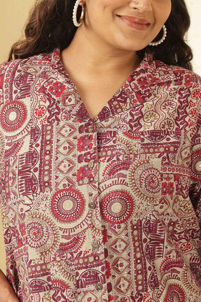 Plus Size Maroon Ethnic Print Cuban Collar Rayon Muslin Shirt