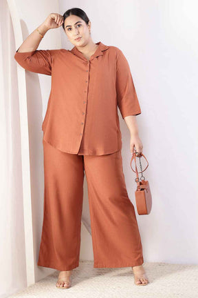 Plus Size  Mocha Brown Cotton Linen Shirt Coord Set