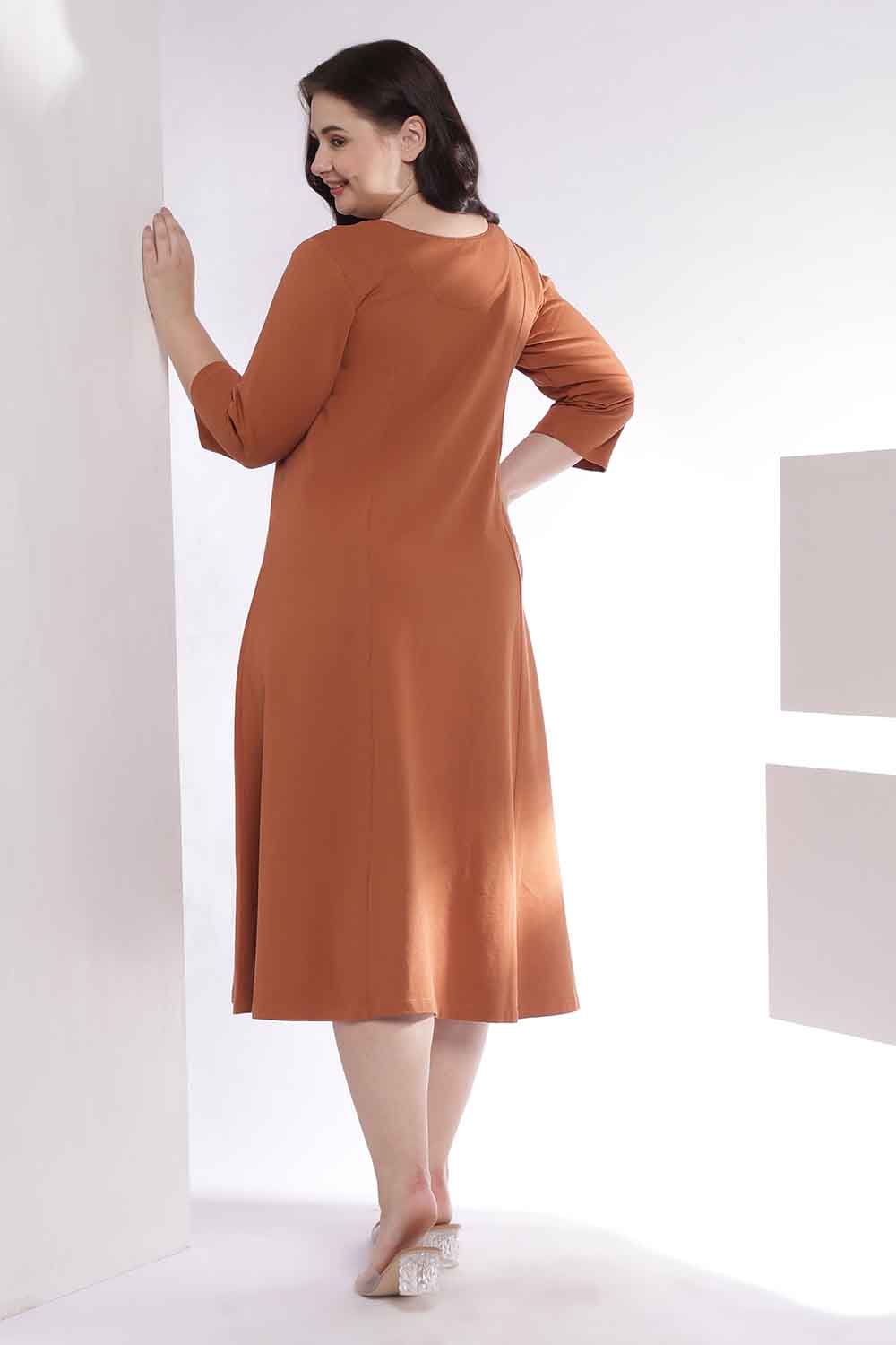 Plus Size Rust Orange A-Line Cotton Dress