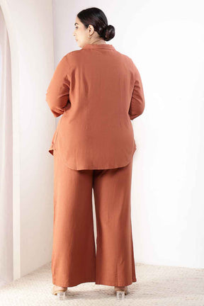 Plus Size  Mocha Brown Cotton Linen Shirt Coord Set