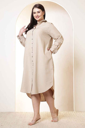 Plus Size Beige Cotton Linen Shirt Dress