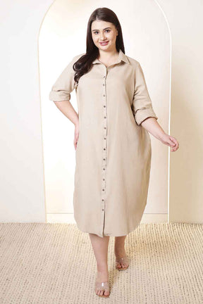 Plus Size Beige Cotton Linen Shirt Dress