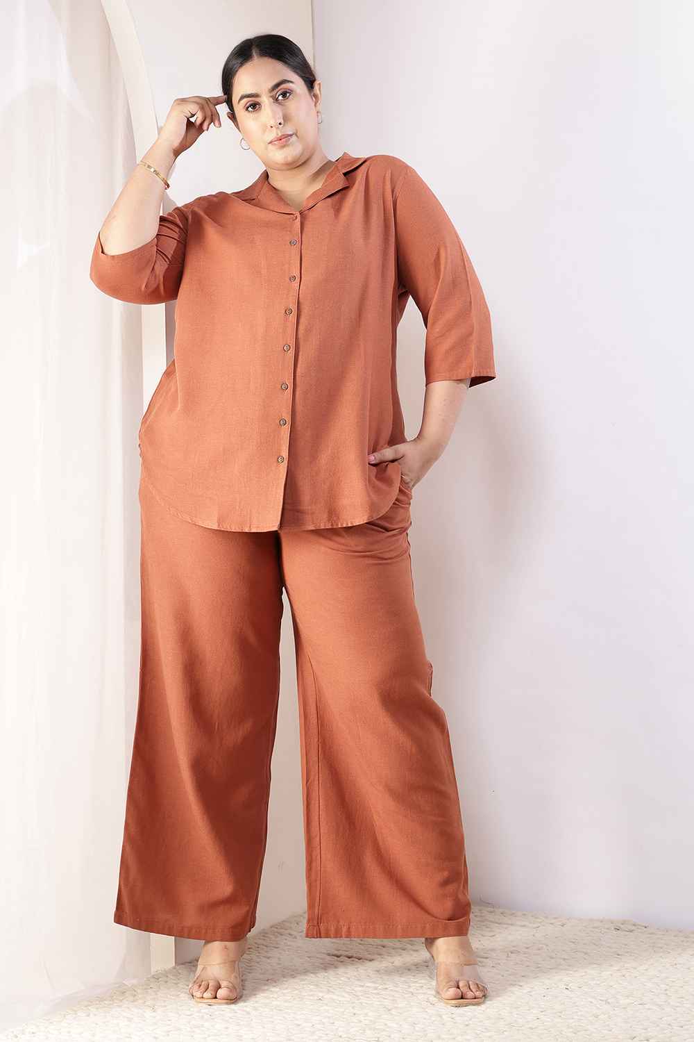 Plus Size Rust Brown Cotton Linen Shirt Coord Set