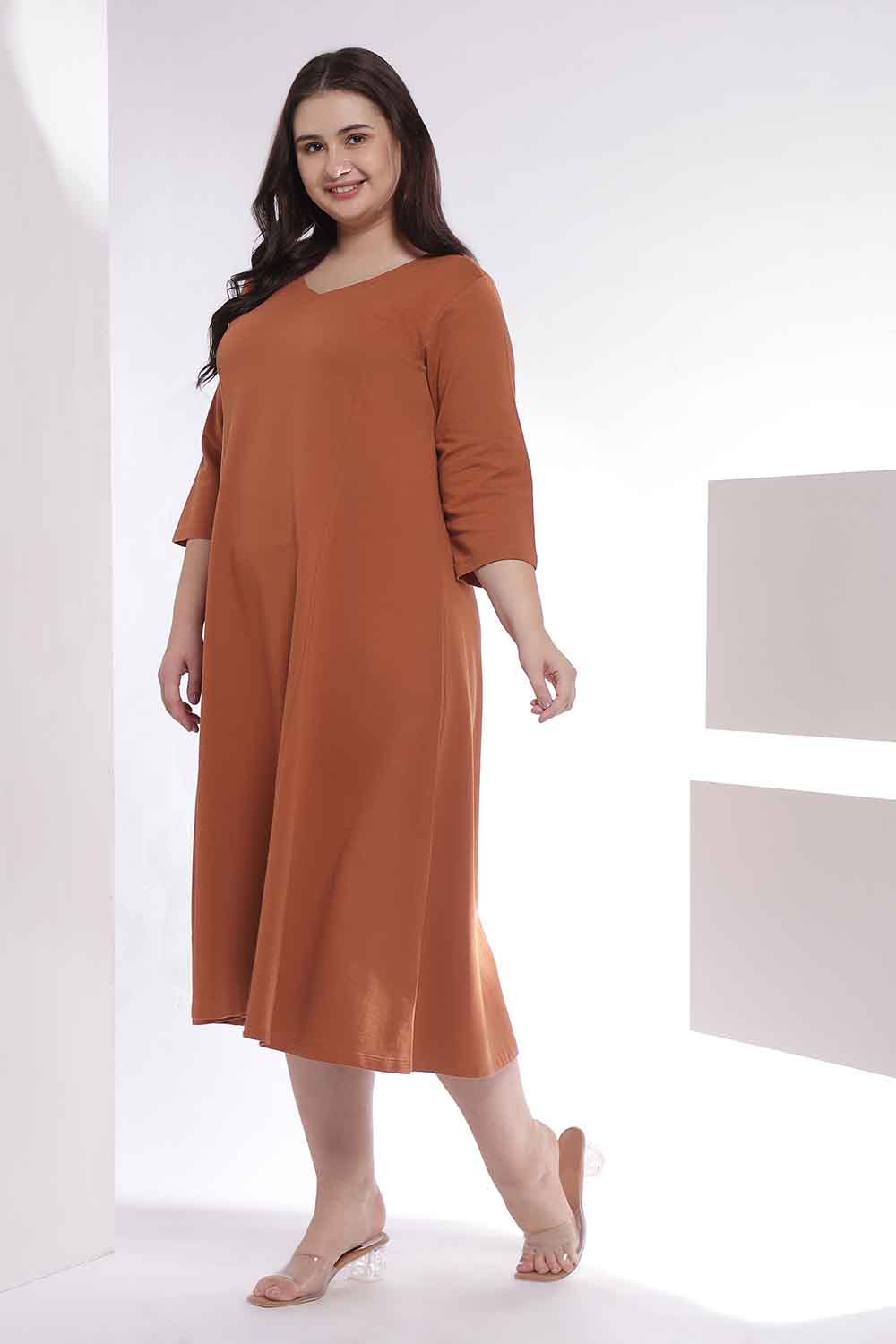 Plus Size Rust Orange A-Line Cotton Dress for Women