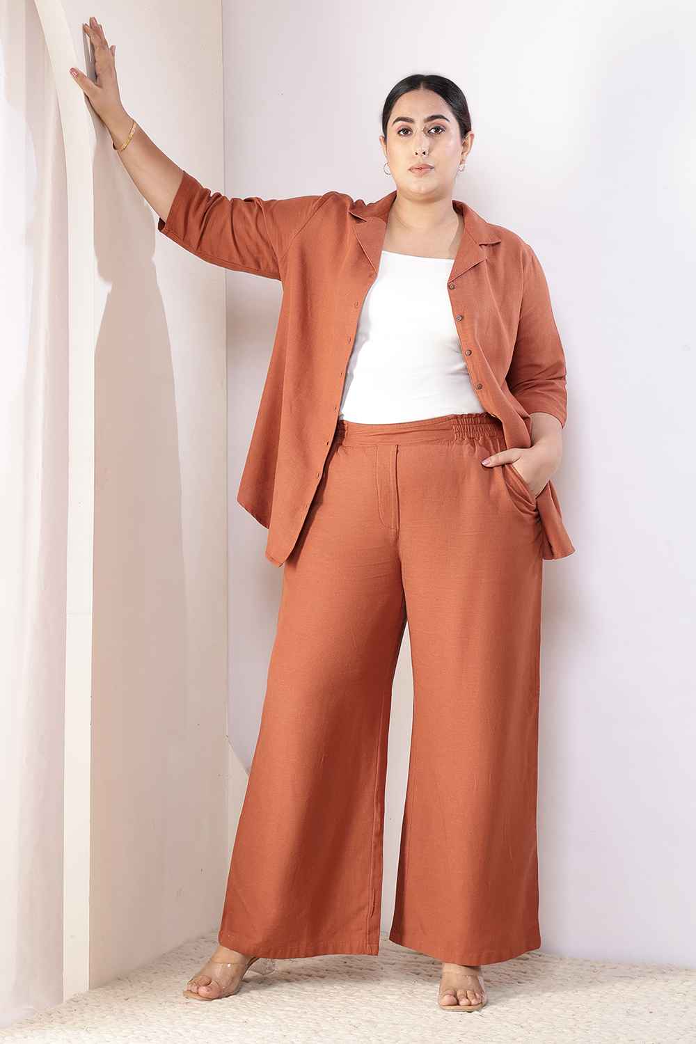 Plus Size Plus Size  Mocha Brown Cotton Linen Shirt Coord Set