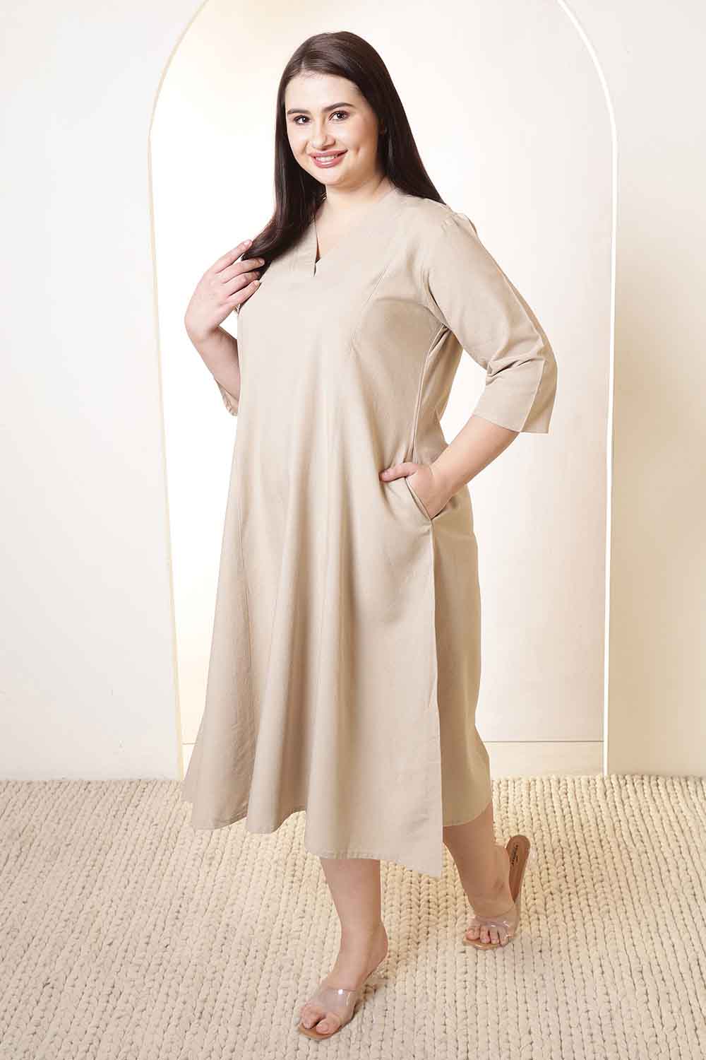 Plus Size Plus Size Beige Cotton Linen Midi Dress