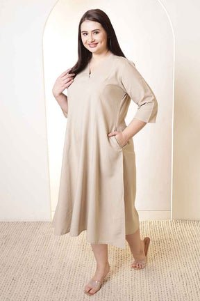 Plus Size Beige Cotton Linen Midi Dress