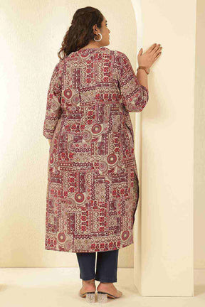 Plus Size Maroon Ethnic Print V-Neck Rayon Muslin Kurta