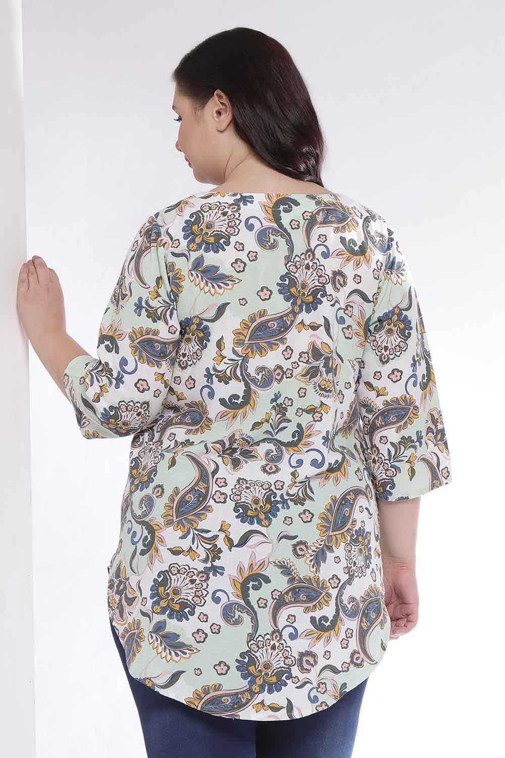 Plus Size Green Paisley Print V Neck Cotton Top