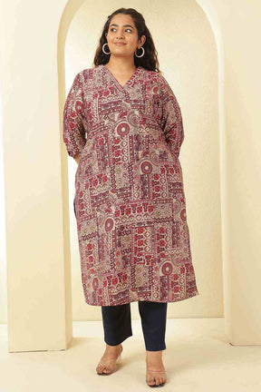 Plus Size Maroon Ethnic Print V-Neck Rayon Muslin Kurta