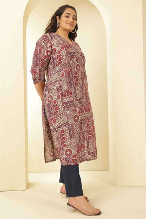 Plus Size Maroon Ethnic Print V-Neck Rayon Muslin Kurta