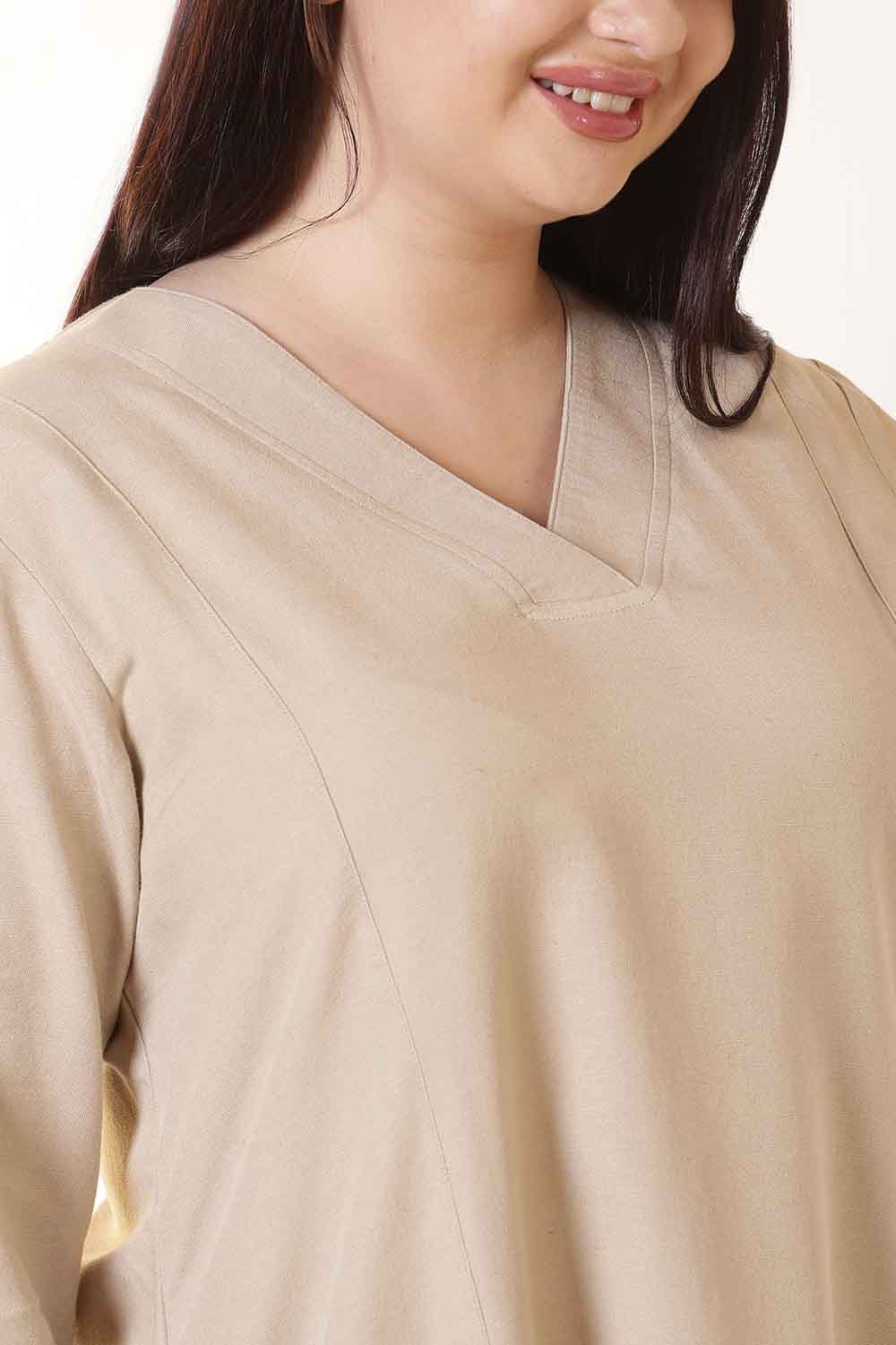 Plus Size Beige Cotton Linen Midi Dress for Women