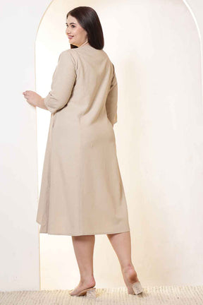 Plus Size Beige Cotton Linen Midi Dress