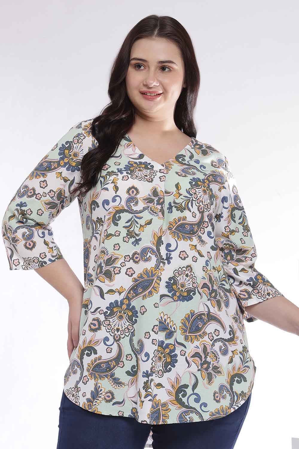 Plus Size Green Paisley Print V Neck Cotton Top