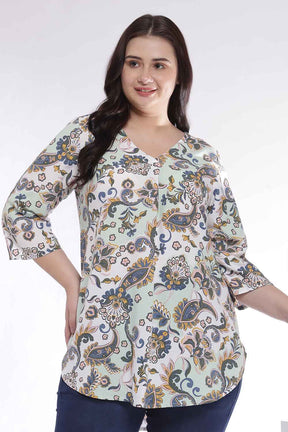 Plus Size Green Paisley Print V Neck Cotton Top