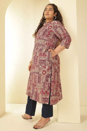 Plus Size Maroon Ethnic Print V-Neck Rayon Muslin Kurta
