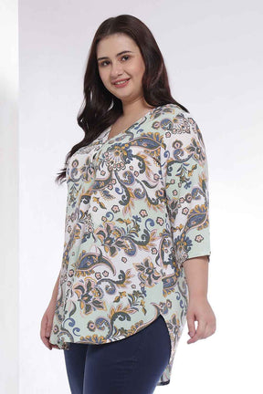 Plus Size Green Paisley Print V Neck Cotton Top