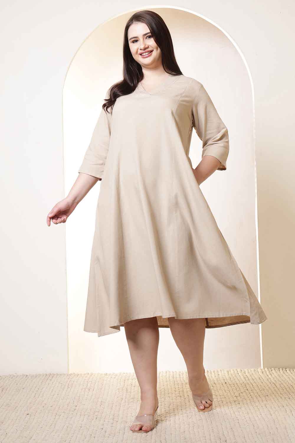 Comfortable Plus Size Beige Cotton Linen Midi Dress