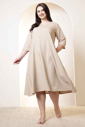 Plus Size Beige Cotton Linen Midi Dress