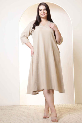 Plus Size Beige Cotton Linen Midi Dress