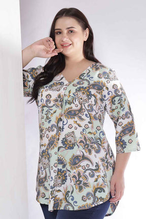 Plus Size Green Paisley Print V Neck Cotton Top