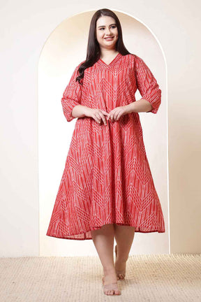 Plus Size Bold Red & White Print Cotton Midi Dress