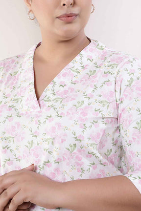 Plus Size Pink Floral V Neck Cotton Kurta