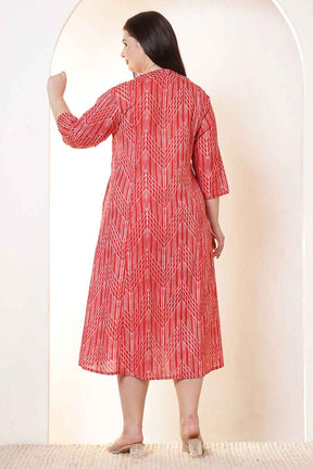 Plus Size Bold Red & White Print Cotton Midi Dress