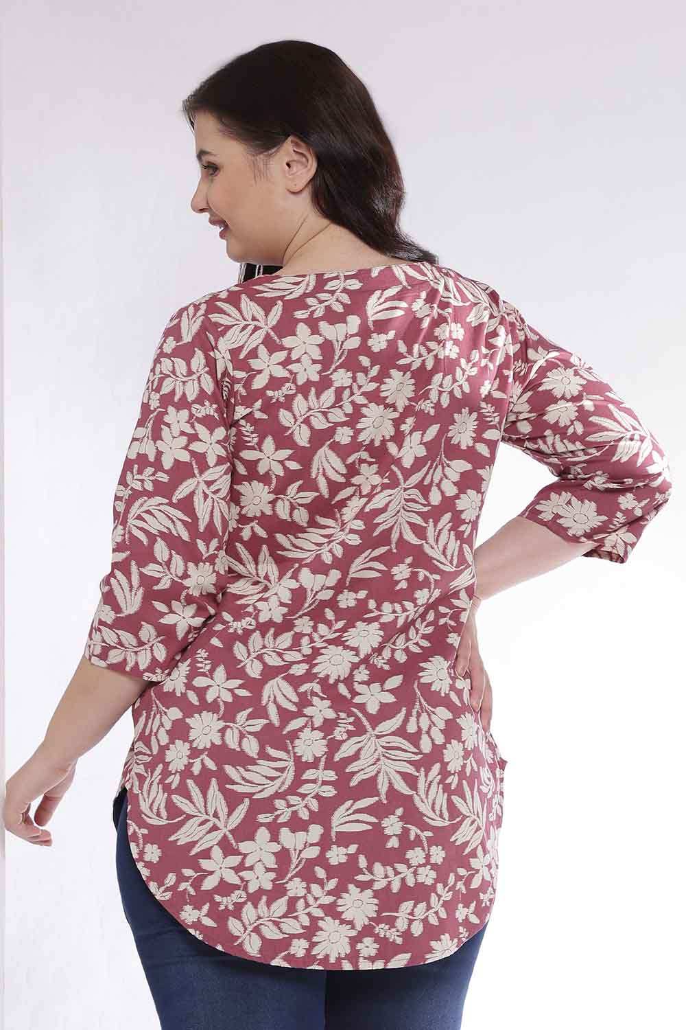 Plus Size Purple Taupe Floral Print V Neck Cotton Top
