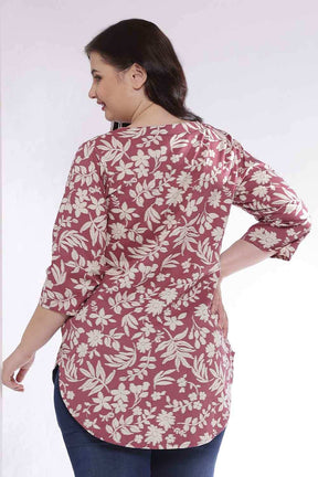 Plus Size Purple Taupe Floral Print V Neck Cotton Top