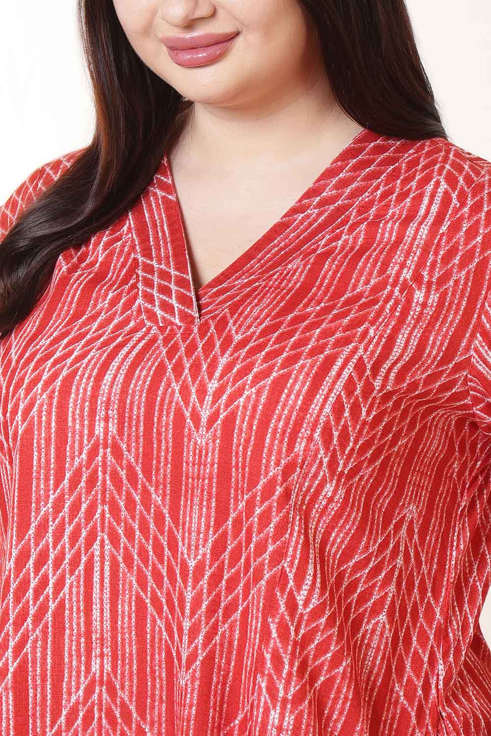 Comfortable Plus Size Bold Red & White Print Cotton Midi Dress