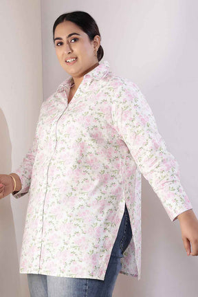 Plus Size Pink Floral High Slit Styled Cuff Cotton Shirt