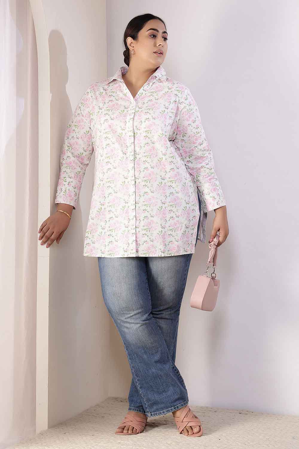 Plus Size Pink Floral High Slit Styled Cuff Cotton Shirt